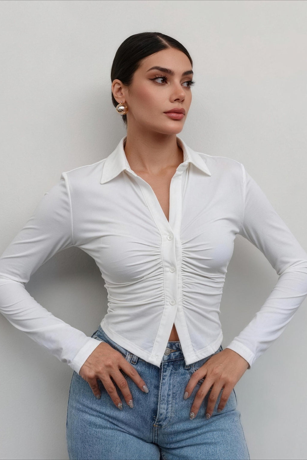 Ruched Front Stretch Fitted Long Sleeve Blouse