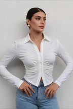Ruched Front Stretch Fitted Long Sleeve Blouse