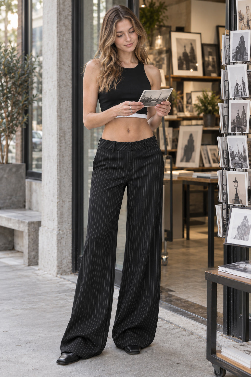 High Waist Double Button Draped Wide Leg Pants