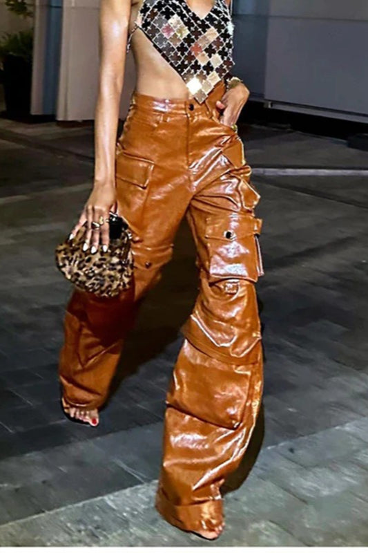 Multi Pocket PU Paneled Loose Wide Leg Cargo Pants Main image