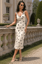 Spaghetti Strap Bow V Neck Fitted Floral Dress