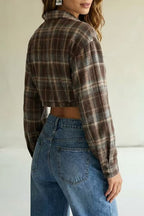 Plaid Asymmetric Hem Long Sleeve Shirt Crop Top