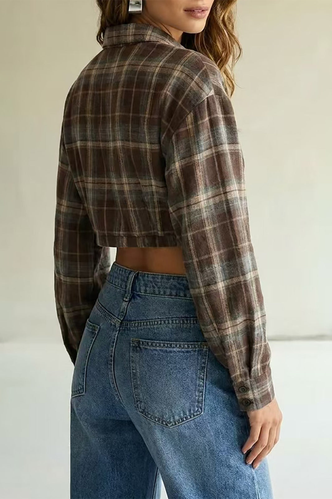 Plaid Asymmetric Hem Long Sleeve Shirt Crop Top