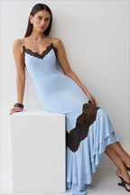 Lace Trim Backless Waist Cinched Mermaid Dress