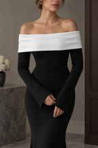 Colorblock Off Shoulder Bodycon Maxi Dress