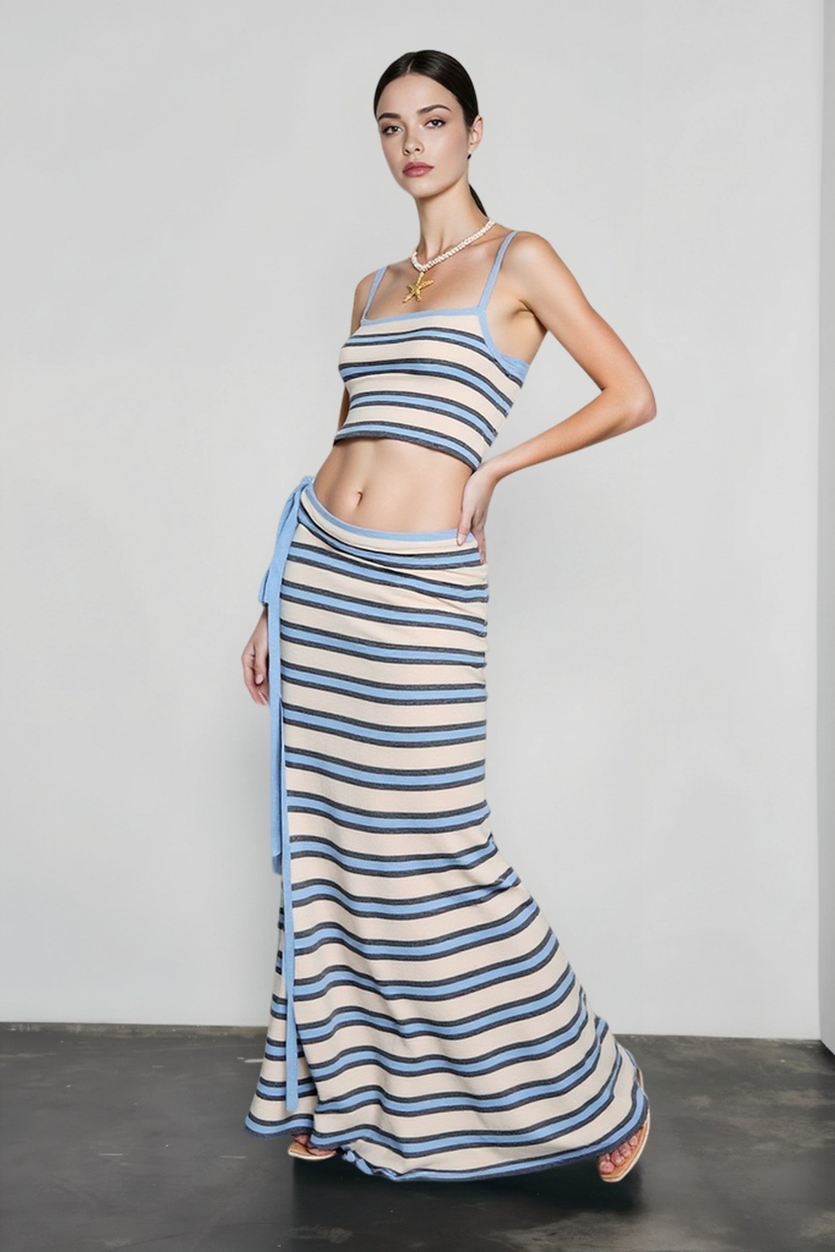 Knit Stripe Crop Camisole High Waist Tie Skirt Vacation Set Main image