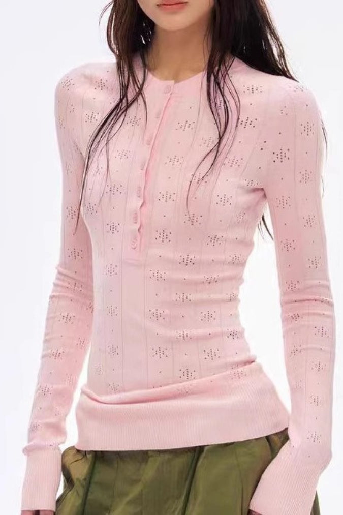 Retro Open Knit Henley Long Sleeve Top Main image