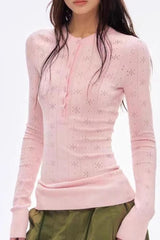 Retro Open Knit Henley Long Sleeve Top