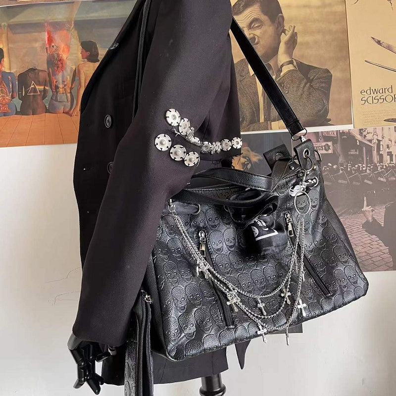 Y2K Gothic Skulls Printing Leather Large Capacity Punk Cross Chain Bag Main image