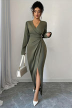 Solid V-Neck Ruched Waist Slit Buckle Work Dress