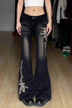 Floral Embroidered Low Rise Flare Leg Jeans