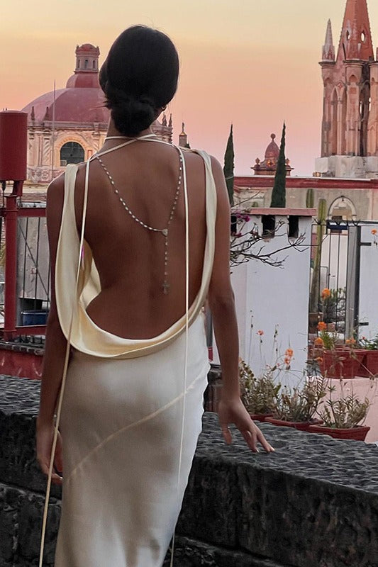 Satin Cowl Neck Backless Formal Dress
