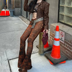 Brown Printed Flare Streetwear Vintage Low Rise Fashion Jeans