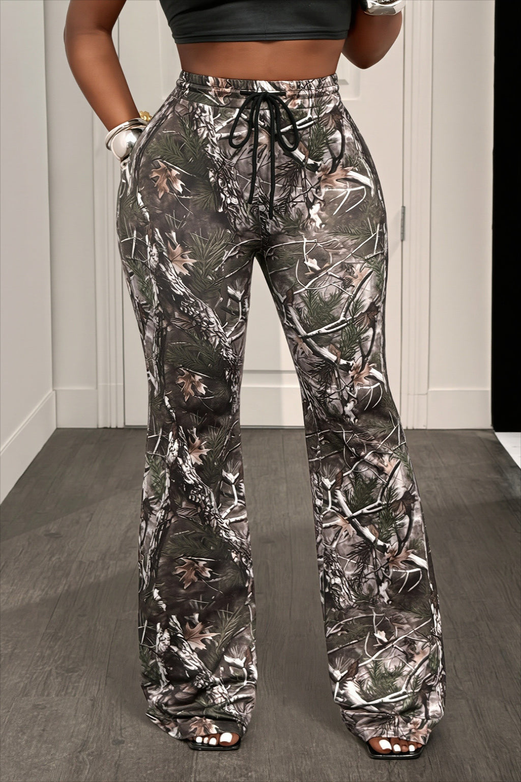 Woodland Print Drawstring Flared Pants