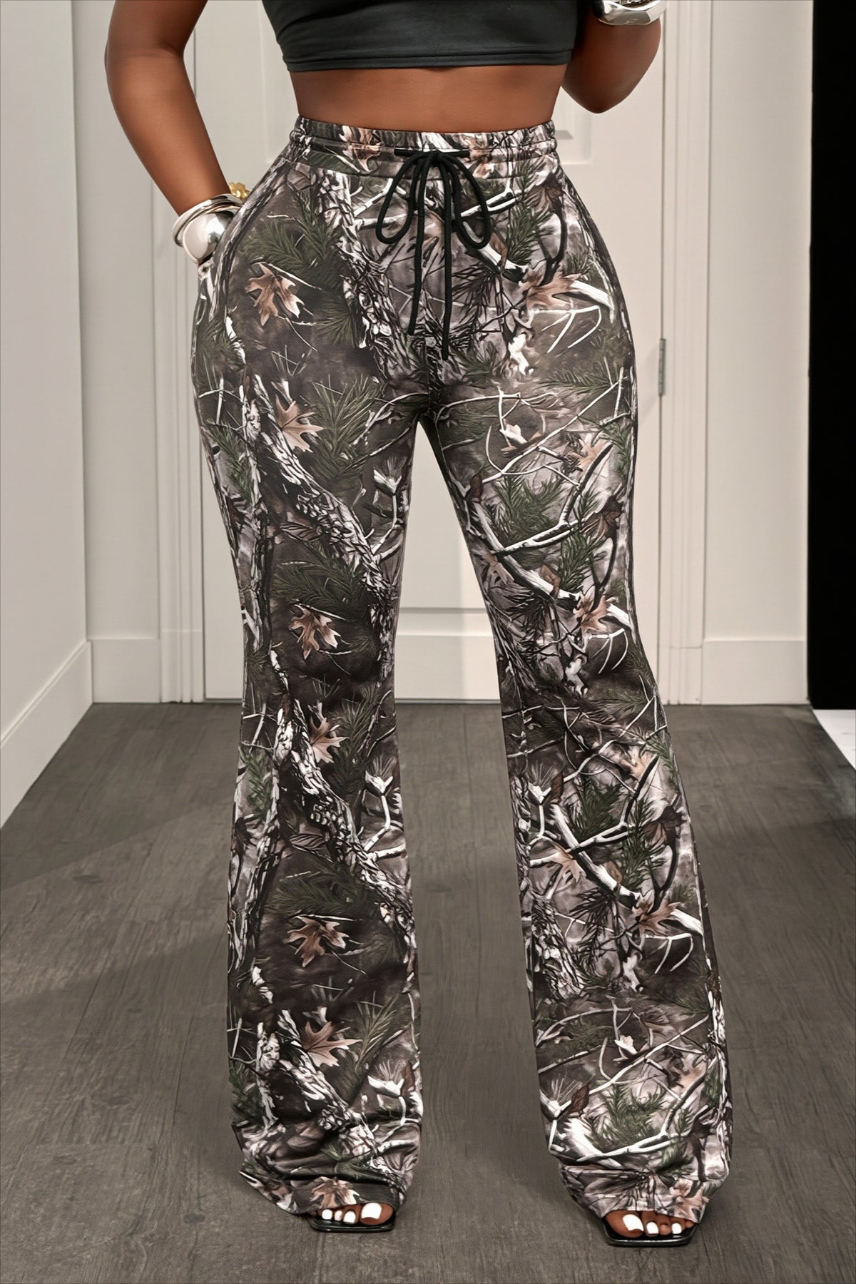 Woodland Print Drawstring Flared Pants
