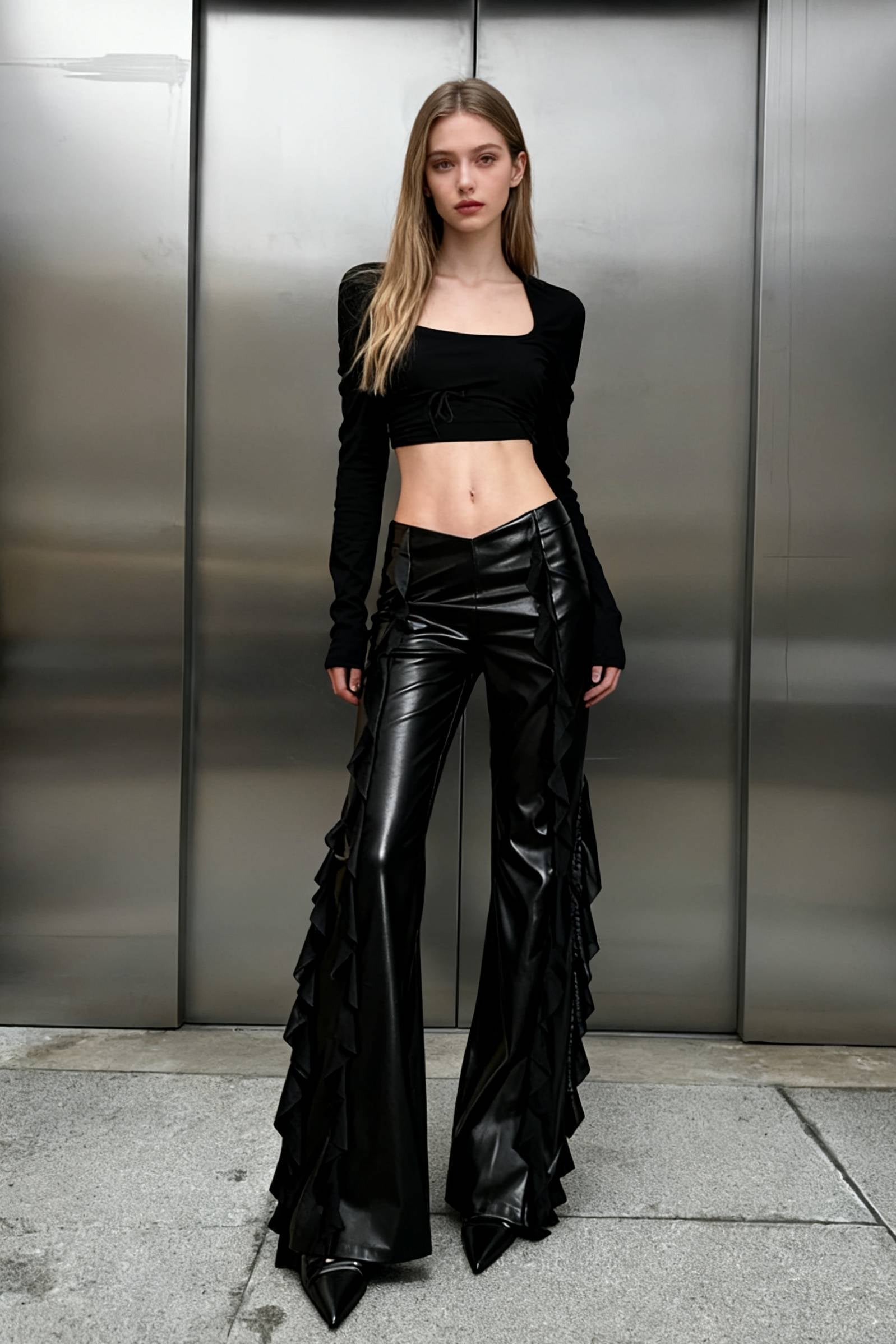 Gothic Zip Women Casual Flare Pants Faux PU Mesh Pants Main image