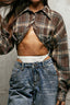 Plaid Asymmetric Hem Long Sleeve Shirt Crop Top
