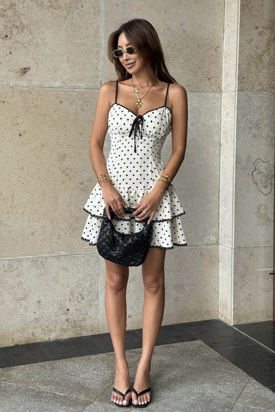 Polka Dot Lace Trim Tiered Ruffle Cami Mini Dress