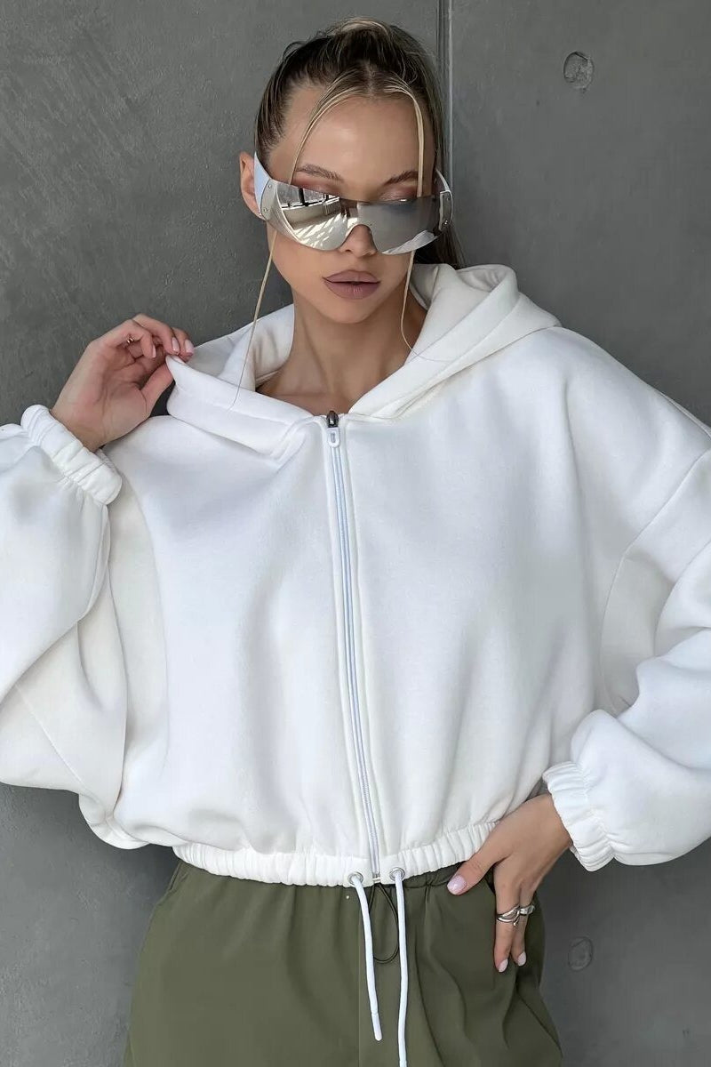 Cropped Waist Cinched Long Sleeve Zip-Up Hoodie