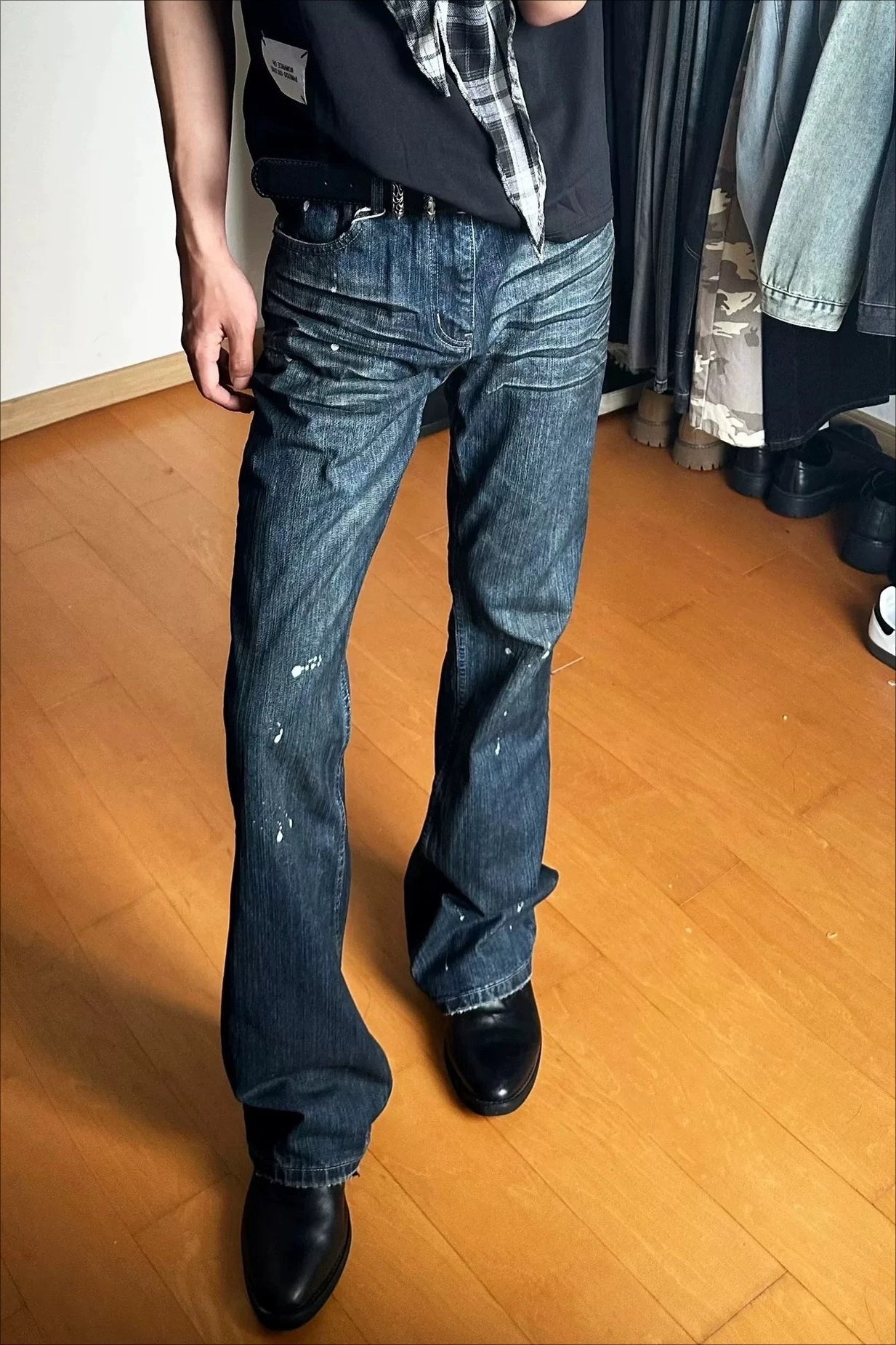 Whiskered Paint Splatter Washed Flare Jeans Secondary image