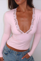 V Neck Lace Trim Bodycon Cropped Short Sleeve Tee
