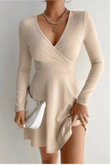 Knit V Neck Waist Cinched A Line Long Sleeve Sweater Dress