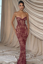 Strapless Lace Vertical Bodycon Maxi Lace Dress