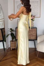Asymmetrical Shoulder Tie Sleeveless Slim Solid Formal Dress