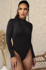 Sexy Collared Long Sleeve Cutout Stretch Bodysuit