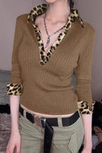 Leopard V Neck Ribbed Long Sleeve Top
