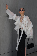 Ruffle Tie Neck Tencel Blouse