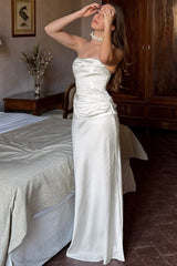 Solid Satin Ruched Slim Strapless Formal Dress