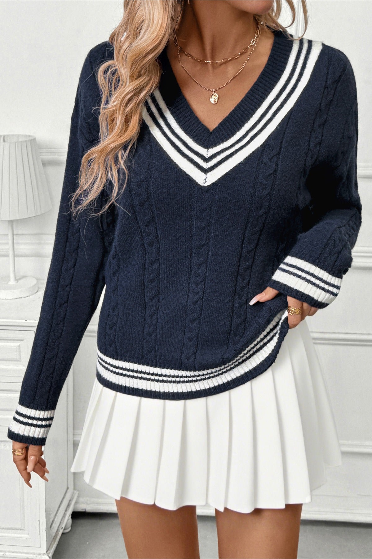 Contrast V-Neck Cable Knit Sweater Main image
