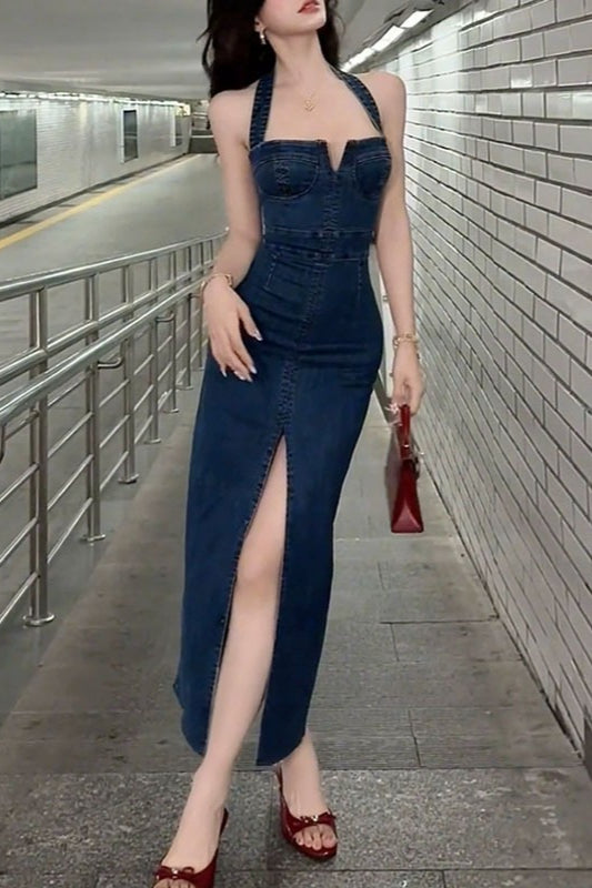 Halter Split Maxi Denim Dress Main image