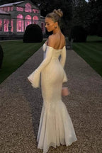 Bell Sleeve Strapless Lace Reception Dress