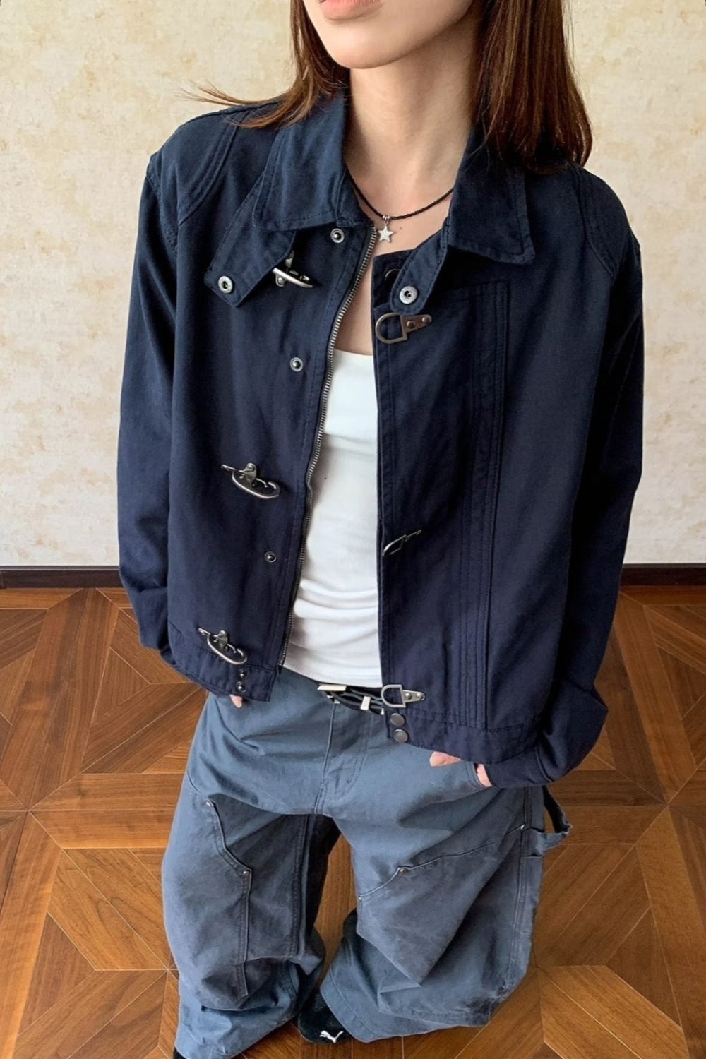Toggle Buckle High Collar Utility Jacket