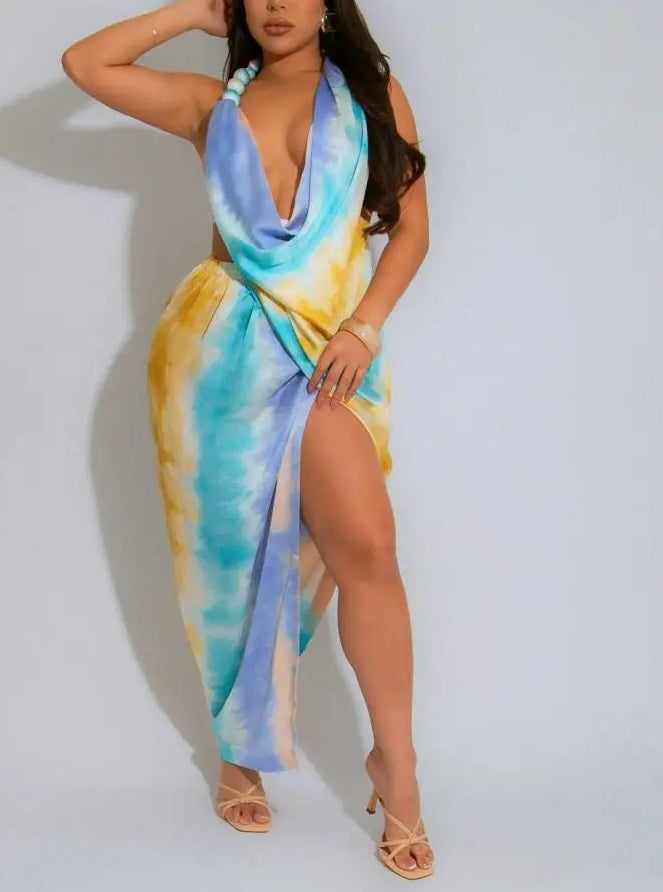 Tie Dye Halter Deep V-Neck Backless Midi Dress Secondary image