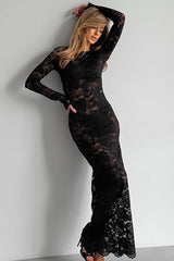 Sexy Sheer Jacquard Lace Long Sleeve Bodycon Dress