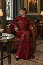 Red Leopard Print Crew Neck Backless Mermaid Maxi Dress