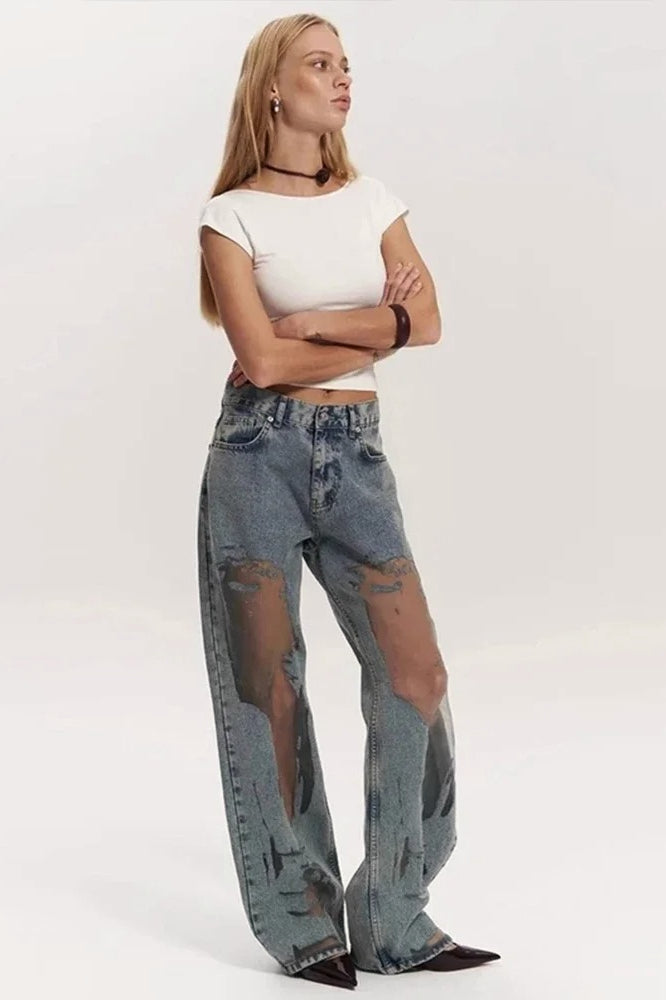 Vintage Mesh Spliced Jeans Secondary image