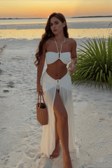 Halter Slit Long Dress Three Piece Swim Set