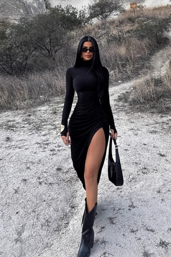 Ruched Mock Neck Long-Sleeve Work Dress Secondary image