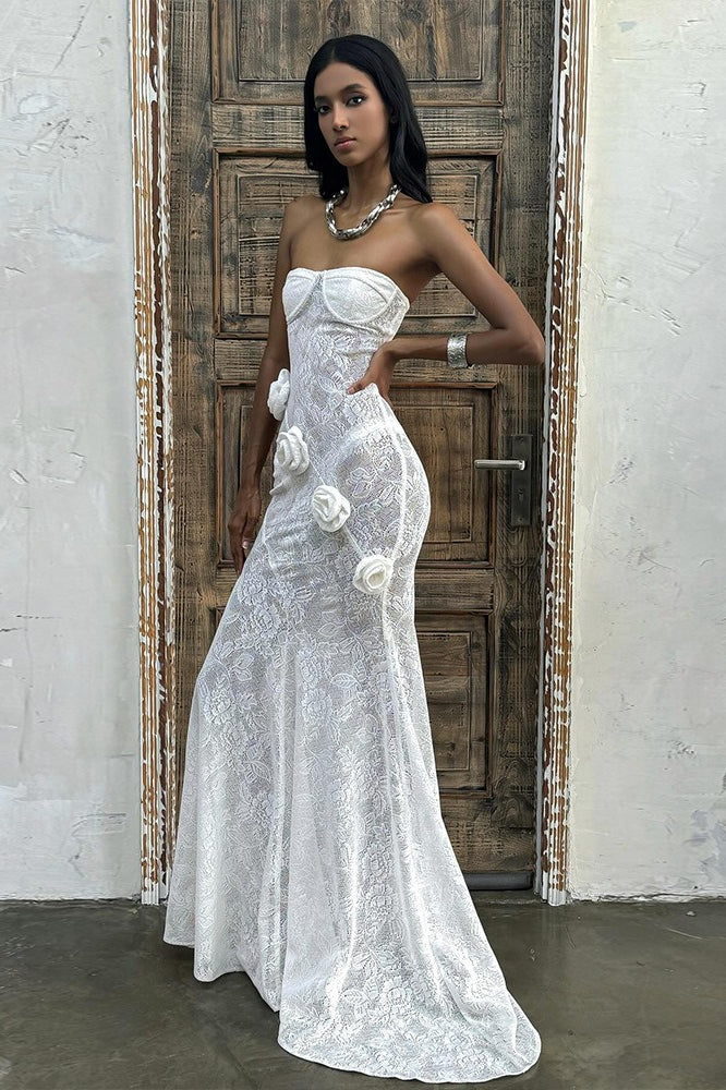 Sheer Lace Strapless Floral Applique Train Lace Dress Secondary image