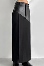 PU Leather Panel High Waist Slit Skirt