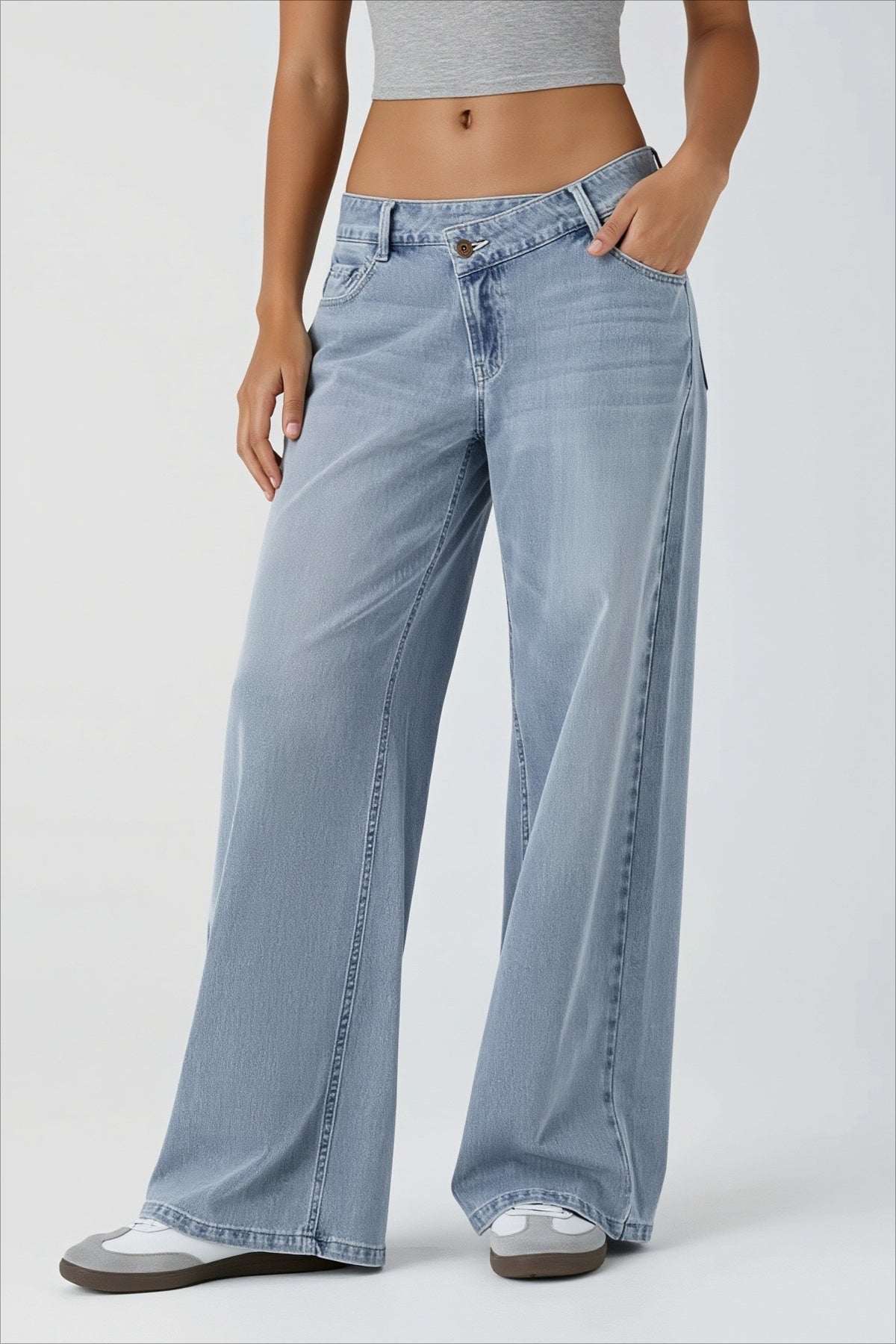 Asymmetric Button Low Rise Wide Leg Jeans