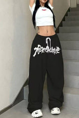 High Waist Drawstring Loose Straight Wide Leg Pants