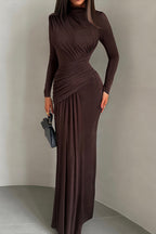 Gathered Waist Long Sleeve Draped Maxi Dress
