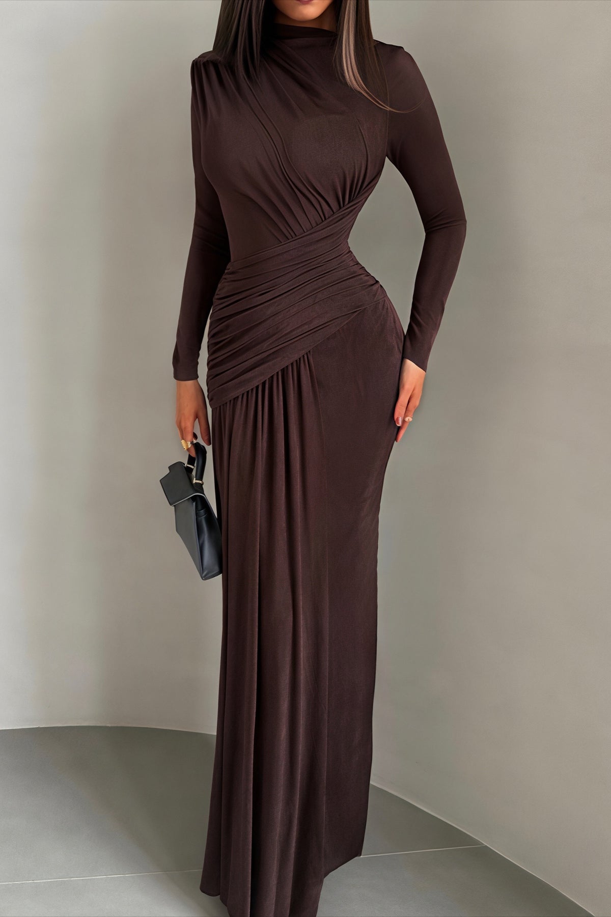 Gathered Waist Long Sleeve Draped Maxi Dress