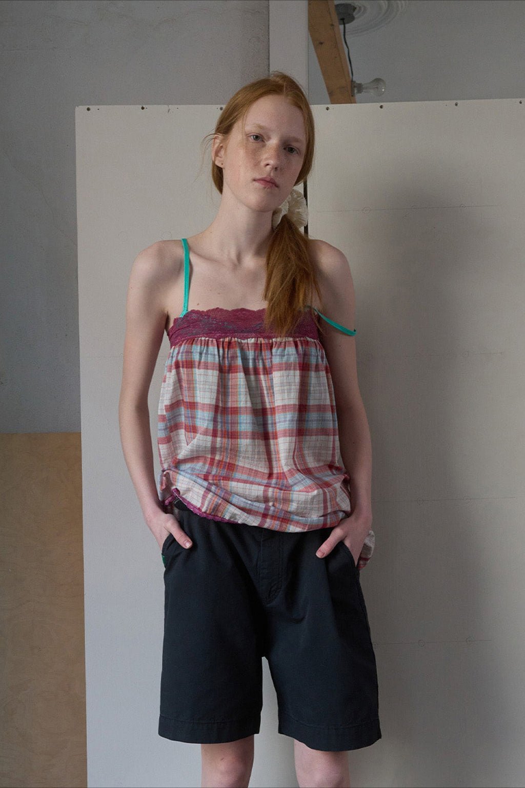 Lace Trim Plaid Relaxed Tube Top