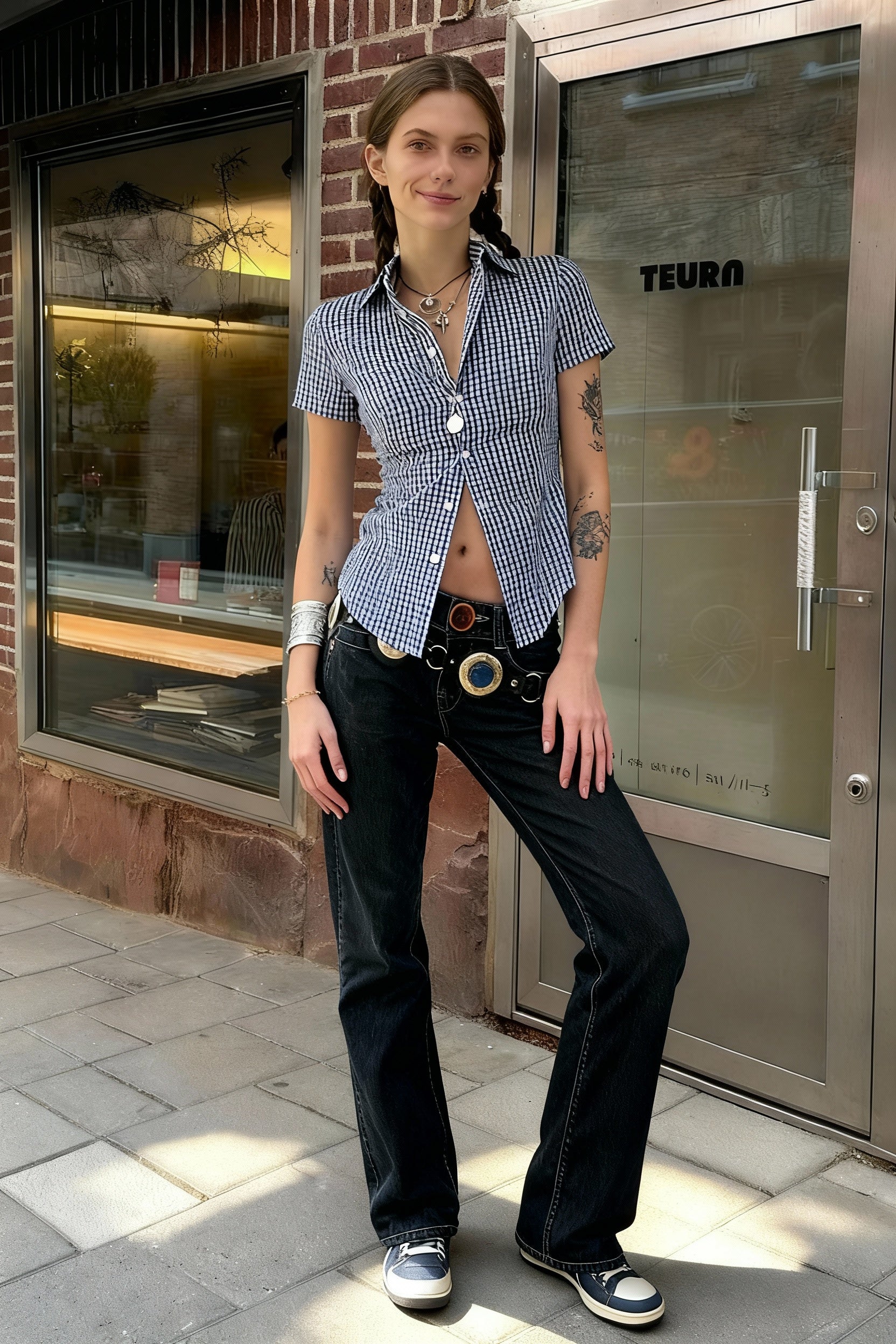 Blue Plaid Fitted Polo Collar Short Sleeve Blouse Secondary image